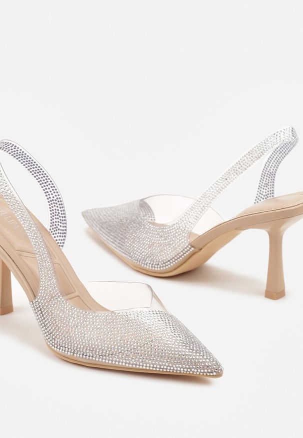 Renee - Beżowe Transparentne Sandały Slingback z Cyrkoniami Harilssa. Okazja: na imprezę. Kolor: beżowy