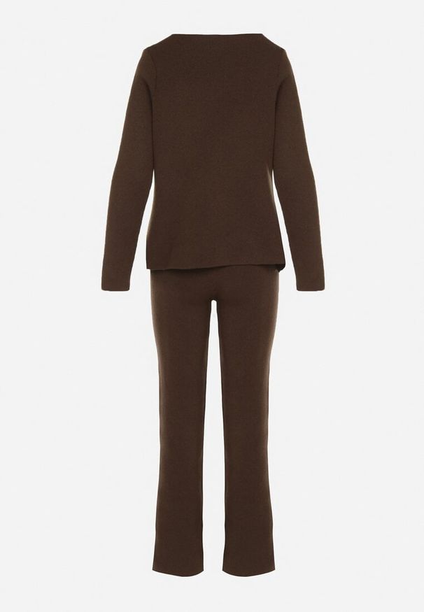 Born2be - Brązowy Komplet Dzianinowy z Wiskozą Asymetryczny Kardigan i Spodnie Unallea. Kolor: brązowy. Materiał: dzianina, wiskoza