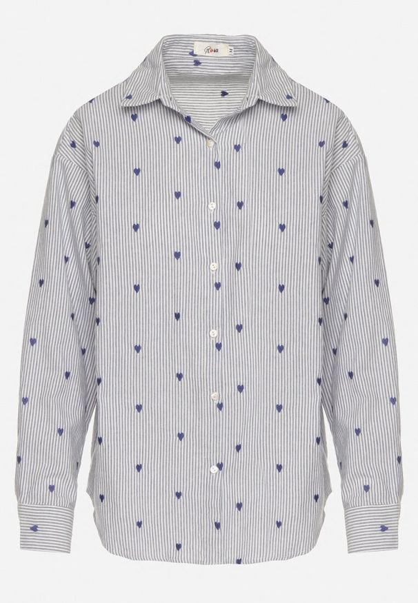 Born2be - Niebieska Bawełniana Koszula w Paski i Serduszka Fennissa. Okazja: do pracy, na spotkanie biznesowe. Kolor: niebieski. Materiał: bawełna. Długość rękawa: długi rękaw. Długość: długie. Wzór: paski. Styl: biznesowy