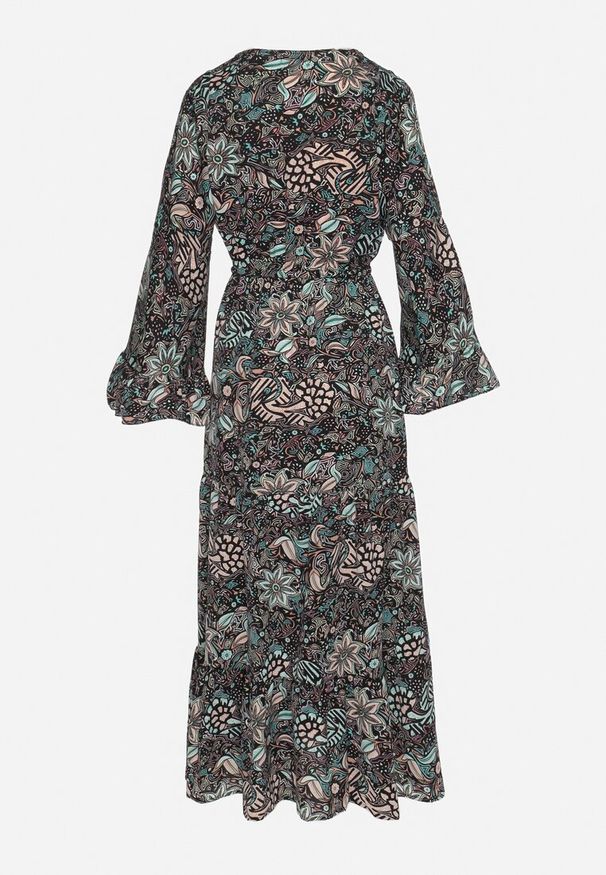 Born2be - Czarno-Zielona Sukienka Rozkloszowana w Kwiatowy Wzór Ozdobiona Falbankami Anavela. Okazja: na co dzień. Typ kołnierza: kołnierz z falbankami. Kolor: czarny. Materiał: skóra, tkanina. Wzór: aplikacja, kwiaty. Typ sukienki: proste. Styl: casual, elegancki