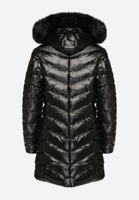 Born2be - Czarna Długa Pikowana Kurtka z Odpinanym Futerkiem i Sznurkami Rinnarae. Okazja: na spacer, na co dzień. Typ kołnierza: kaptur. Kolor: czarny. Materiał: futro. Długość: długie. Styl: casual, elegancki #6