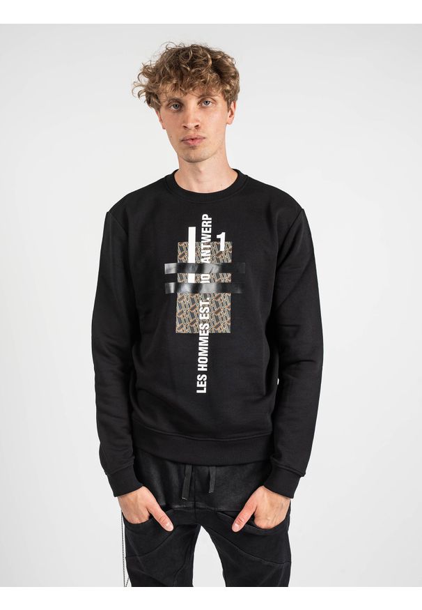 Les Hommes Bluza | LLH421-758P | Round Neck Sweater | Mężczyzna | Czarny. Okazja: na co dzień. Kolor: czarny. Materiał: bawełna. Wzór: nadruk. Styl: casual