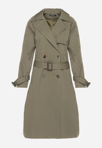 Born2be - Zielony Płaszcz w Stylu Trencza Ozdobiony Paskiem z Klamrą Ninellira. Kolor: zielony. Materiał: jeans. Długość rękawa: długi rękaw. Długość: długie. Wzór: aplikacja. Styl: elegancki, klasyczny #4