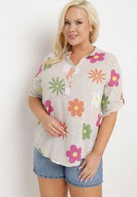 Born2be - Beżowa Koszula z Lnu i Bawełny w Kwiaty z Krótkim Rękawem Ambubia. Okazja: na co dzień. Typ kołnierza: dekolt w kształcie V. Kolekcja: plus size. Kolor: beżowy. Długość: krótkie. Wzór: kwiaty. Materiał: bawełna, len. Długość rękawa: krótki rękaw. Sezon: lato. Styl: casual