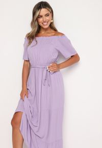Born2be - Fioletowa Sukienka z Wiskozy Telephanassa. Typ kołnierza: dekolt hiszpanka. Kolor: fioletowy. Materiał: wiskoza. Długość rękawa: krótki rękaw. Wzór: gładki. Typ sukienki: rozkloszowane. Długość: maxi #5