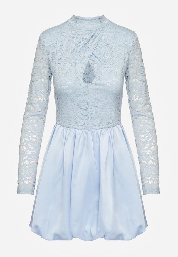 Renee - Niebieska Koronkowa Sukienka Bombka o Rozkloszowanym Kroju z Wycięciem Desoriel. Okazja: na co dzień, na wesele, na ślub cywilny. Kolor: niebieski. Materiał: koronka. Typ sukienki: bombki. Styl: elegancki, casual