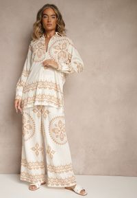 Renee - Jasnobeżowy Komplet z Wiskozy w Ornamentalny Print Koszula i Szerokie Spodnie Pasniela. Kolor: beżowy. Materiał: wiskoza. Wzór: nadruk