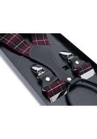 Modini - Bordowe szelki w kratę SZ26B. Kolor: czerwony. Materiał: skóra, guma #1