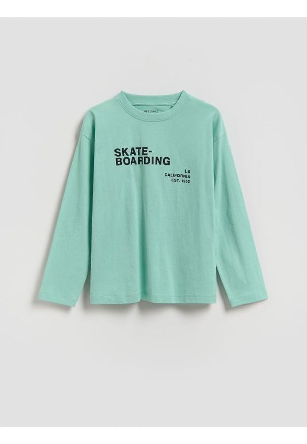Reserved - Bawełniany longsleeve - jasnoturkusowy. Kolor: turkusowy. Materiał: bawełna. Długość rękawa: długi rękaw