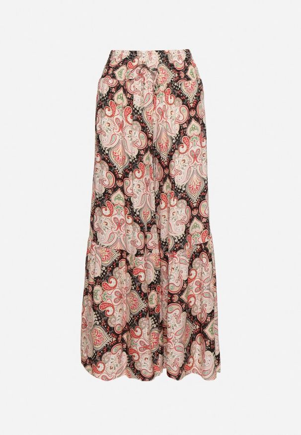 Born2be - Różowo-Czarne Wiskozowe Spodnie Rozszerzane z Wysokim Stanem i Gumką w Talii Nasirina. Okazja: na co dzień. Stan: podwyższony. Kolor: różowy. Materiał: wiskoza. Wzór: aplikacja. Styl: elegancki, casual