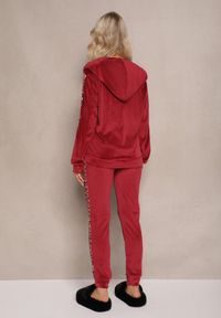 Renee - Bordowy 2-częściowy Komplet Dresowy Welurowy z Lampasami Srinan. Kolor: czerwony. Materiał: welur, dresówka. Wzór: aplikacja #4