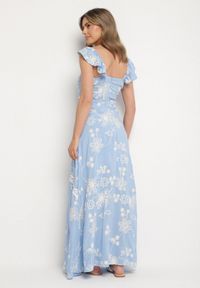 Born2be - Niebieska Wiskozowa Sukienka Ozdobiona Haftami i Falbankami Lumionea. Typ kołnierza: kołnierz z falbankami. Kolor: niebieski. Materiał: wiskoza. Wzór: haft, aplikacja. Styl: elegancki #6