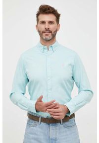 Polo Ralph Lauren koszula bawełniana męska kolor turkusowy slim z kołnierzykiem button-down. Okazja: na co dzień. Typ kołnierza: button down, polo. Kolor: turkusowy. Materiał: bawełna. Wzór: aplikacja. Styl: casual