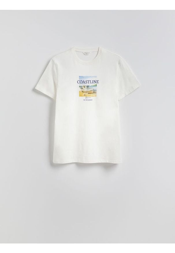 Reserved - T-shirt regular z nadrukiem - złamana biel. Materiał: bawełna, dzianina. Wzór: nadruk