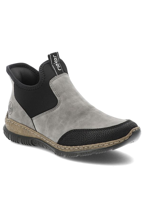 Szare Botki Rieker Wsuwane Obuwie Damskie. Okazja: na co dzień. Zapięcie: bez zapięcia. Kolor: szary. Materiał: jeans, materiał. Styl: casual, sportowy, elegancki