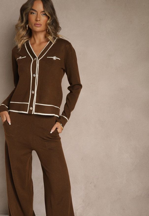 Renee - Brązowy Komplet z Dzianiny Spodnie Wide Leg i Retro Kardigan Giosila. Kolekcja: plus size. Kolor: brązowy. Materiał: dzianina