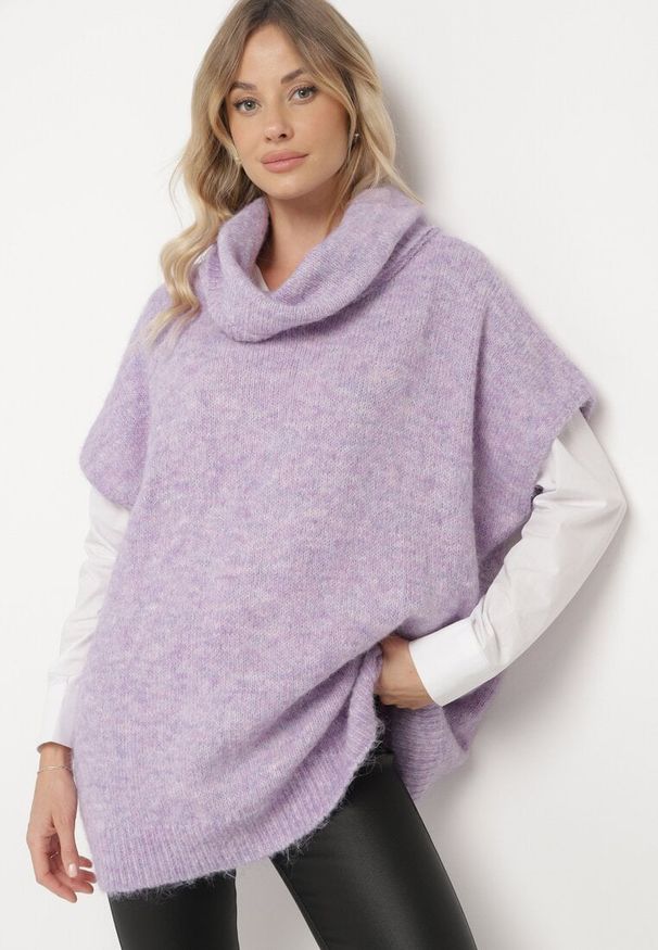 Born2be - Fioletowy Golf Typu Nietoperz z Krótkim Rękawem Miathena. Okazja: na co dzień. Typ kołnierza: golf. Kolor: fioletowy. Materiał: jeans. Długość rękawa: krótki rękaw. Długość: krótkie. Styl: wizytowy, casual