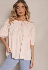 Renee - Jasnoróżowa Bluzka z Wiskozą o Fasonie Oversize z Gumkami w Ramionach Alirona. Kolor: różowy. Materiał: wiskoza