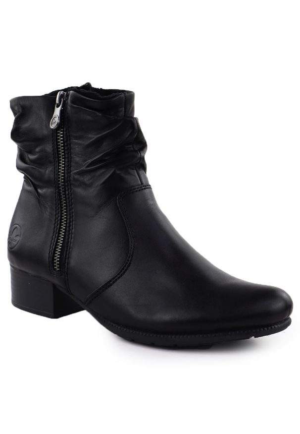 Skórzane botki damskie na obcasie czarne Rieker 78656-00. Kolor: czarny. Materiał: skóra. Obcas: na obcasie. Wysokość obcasa: średni