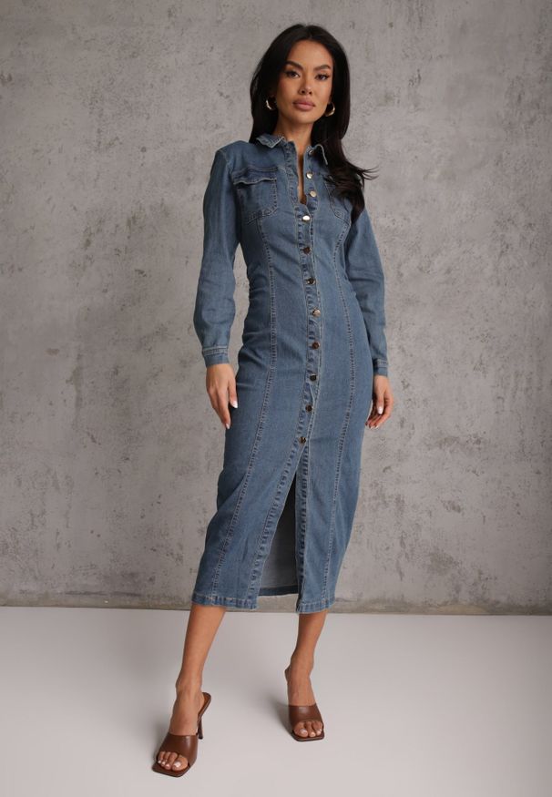 Renee - Niebieska Taliowana Sukienka Jeansowa o Koszulowym Fasonie Nezavia. Kolor: niebieski. Materiał: jeans. Typ sukienki: koszulowe. Styl: elegancki. Długość: midi