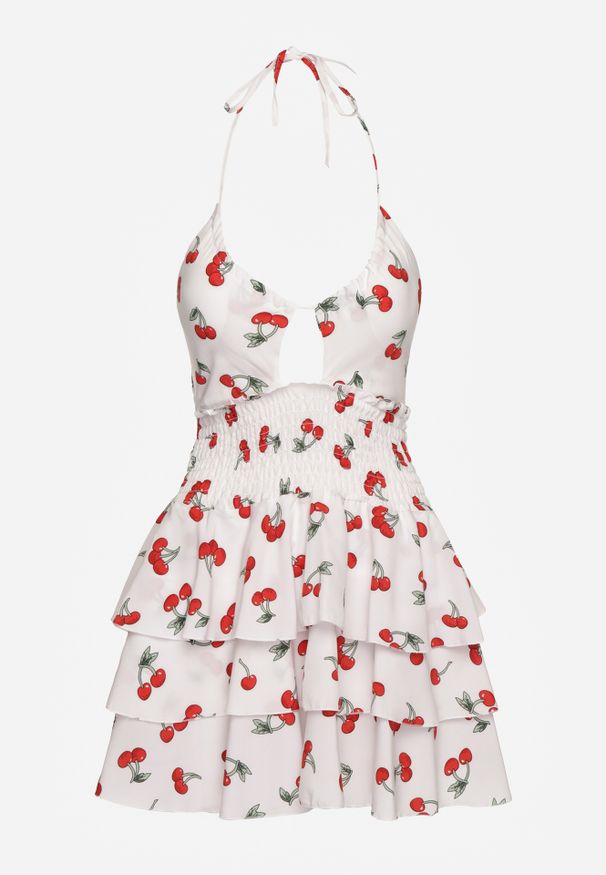 Renee - Biała Sukienka Halter o Rozkloszowanym Kroju z Falbanami w Wisienki Lanelora. Okazja: na co dzień. Typ kołnierza: dekolt halter. Kolor: biały. Materiał: bawełna. Styl: casual