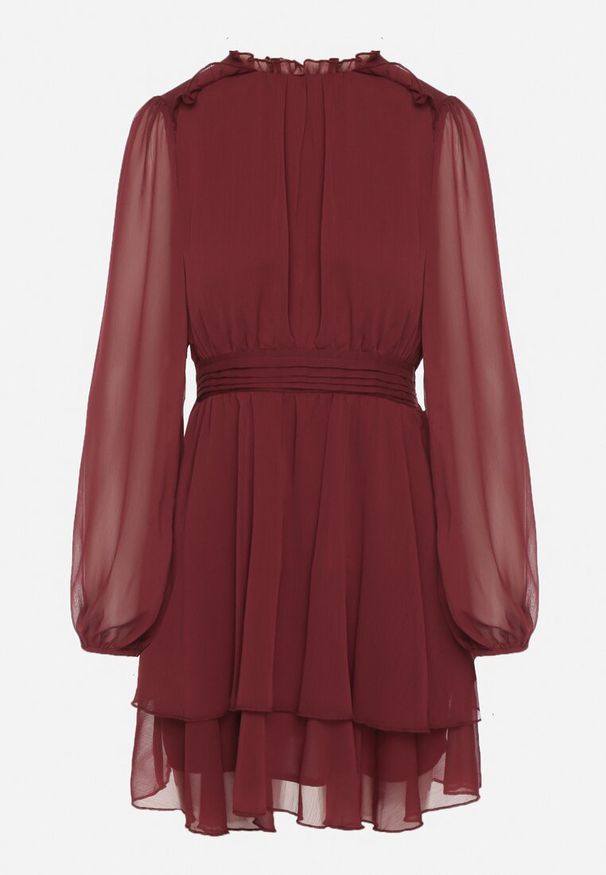 Born2be - Bordowa Rozkloszowana Sukienka Siateczkowa z Bufiastymi Rękawami Isovana. Okazja: na co dzień. Kolor: czerwony. Styl: casual, elegancki