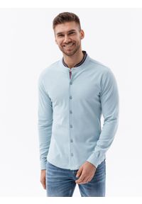 Ombre Clothing - Koszula męska dzianinowa z długim rękawem - błękitna V3 - Rozmiar: S. Typ kołnierza: kołnierzyk stójkowy. Kolor: niebieski. Materiał: dzianina. Długość rękawa: długi rękaw. Długość: długie. Wzór: kolorowy #1