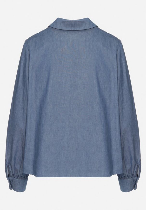 Born2be - Niebieska Bawełniana Koszula w Rustykalnym Stylu z Koronką i Falbankami Lisalina. Okazja: na co dzień. Typ kołnierza: kołnierz z falbankami. Kolor: niebieski. Materiał: bawełna, koronka. Długość rękawa: długi rękaw. Długość: długie. Wzór: koronka. Styl: casual, klasyczny, elegancki, wizytowy