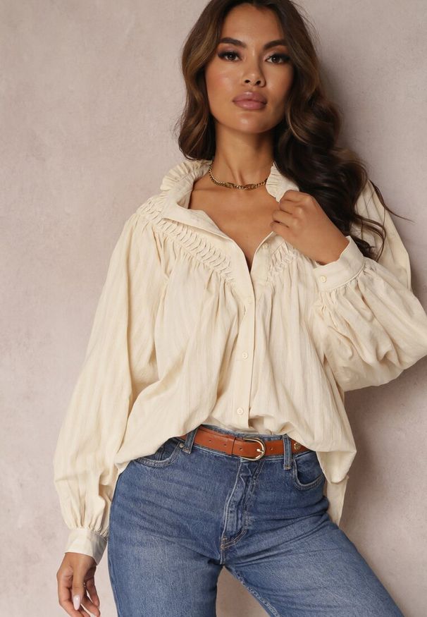Renee - Beżowa Koszula Oversize z Bawełny Endona. Typ kołnierza: kołnierzyk stójkowy. Kolor: beżowy. Materiał: bawełna. Wzór: aplikacja. Styl: elegancki