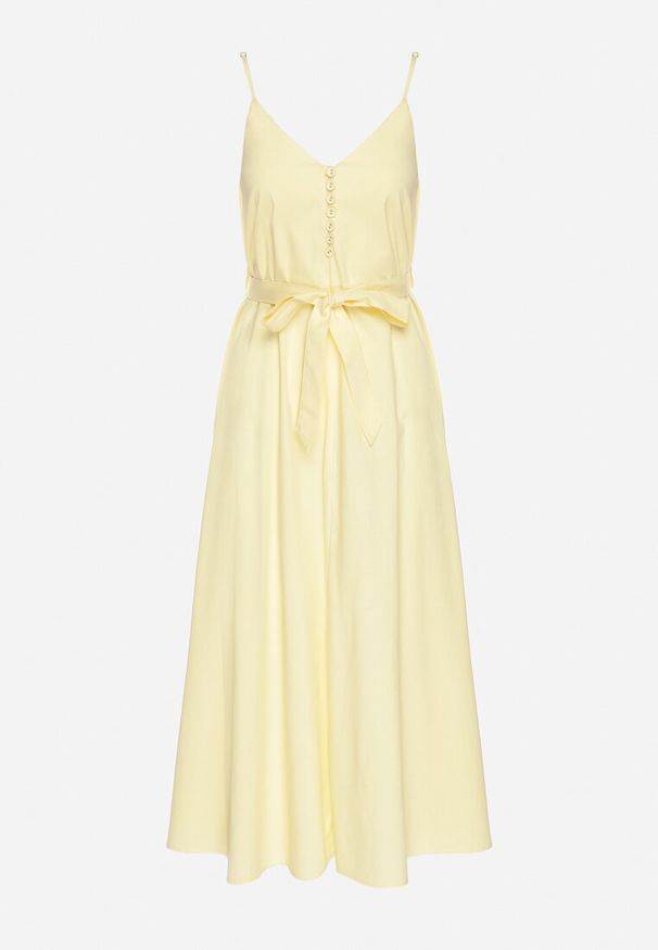 Born2be - Żółta Sukienka z Wiskozą i Bawełną Ozdobiona Paskiem Saviliae. Kolor: żółty. Materiał: bawełna, wiskoza. Długość rękawa: na ramiączkach. Wzór: aplikacja. Styl: elegancki