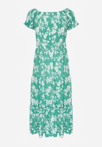 Born2be - Zielona Kwiecista Sukienka Hiszpanka Maxi z Marszczonymi Gumkami Ebothia. Typ kołnierza: dekolt hiszpanka. Kolor: zielony. Długość: maxi #7