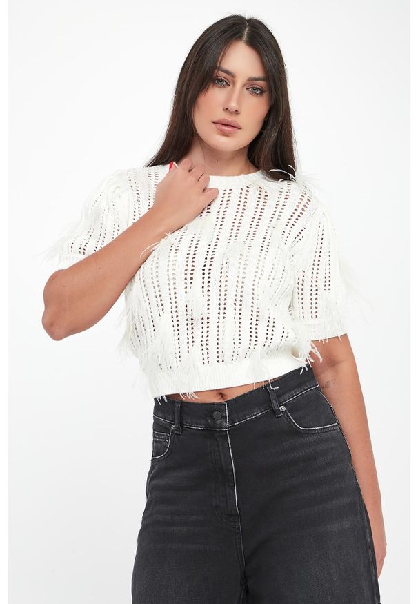 Twinset Milano - Sweter damski ażurowy z piórkami TWINSET. Wzór: ażurowy