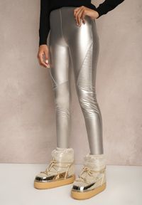 Renee - Srebrne Spodnie z Ekoskóry Skinny High Waist Ocieplane Polarową Wyściółką Lavimi. Okazja: na spacer, na co dzień. Stan: podwyższony. Kolor: srebrny. Materiał: polar. Wzór: aplikacja. Styl: casual, elegancki #4