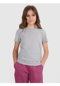 4f - 4F T-shirt regular gładki dziewczęcy - szary 122 (6-7 lat). Okazja: na co dzień. Kolor: szary. Materiał: bawełna, materiał, jersey. Długość rękawa: krótki rękaw. Długość: krótkie. Wzór: gładki. Sezon: lato. Styl: klasyczny, młodzieżowy, sportowy, casual