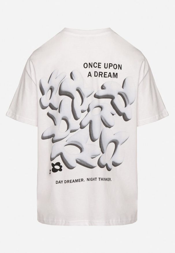 Born2be - Biało-Niebieski Bawełniany T-shirt z Napisami Hallena. Okazja: na spotkanie biznesowe, na co dzień. Kolor: biały. Materiał: bawełna. Wzór: napisy. Styl: elegancki, biznesowy, klasyczny, casual