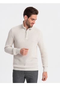 Ombre Clothing - Sweter męski dzianinowy z rozpinaną stójką - kremowy V1. Typ kołnierza: kołnierzyk stójkowy. Kolor: kremowy. Materiał: dzianina