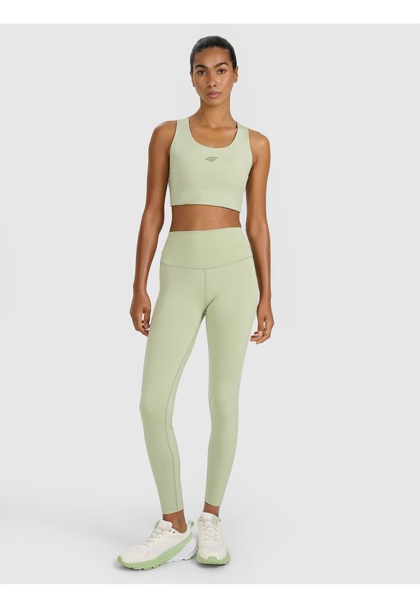 4f - 4F Legginsy treningowe szybkoschnące damskie - zielone XL. Stan: podwyższony. Kolor: zielony. Materiał: włókno, elastan, dzianina, materiał, syntetyk. Wzór: gładki, ze splotem. Sport: fitness