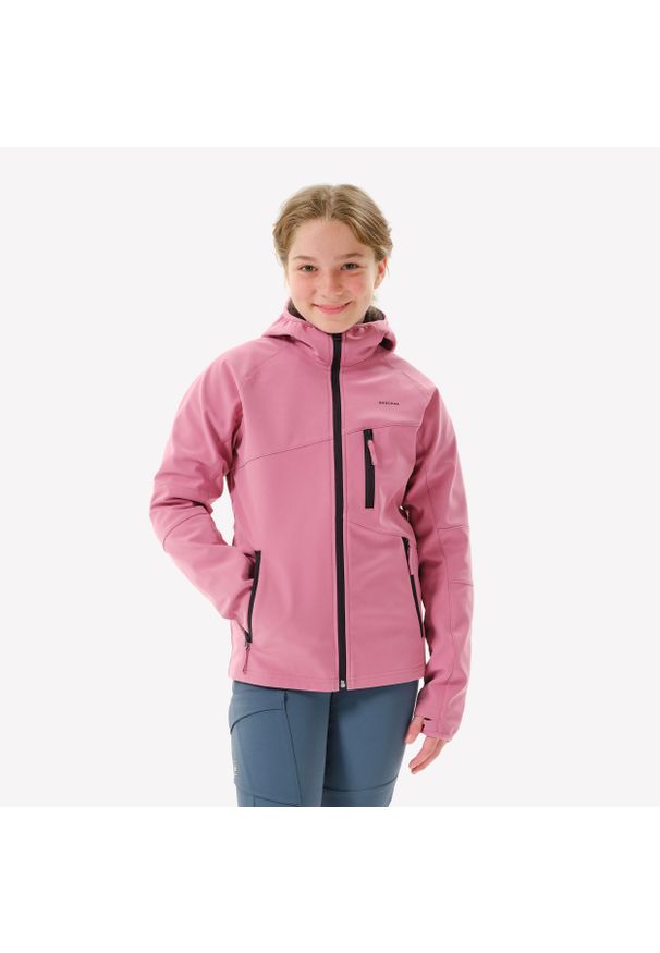 quechua - Kurtka softshell turystyczna dla dzieci Quechua MH900. Kolor: czarny, różowy, wielokolorowy. Materiał: softshell. Sezon: lato. Styl: sportowy