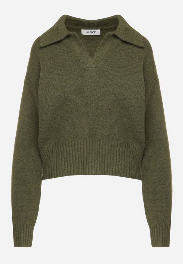 Born2be - Zielony Sweter o Krótkim Kroju z Kołnierzykiem i Dekoltem w Serek Valentarisa. Okazja: na co dzień. Typ kołnierza: dekolt w serek. Kolor: zielony. Materiał: jeans, bawełna. Długość: krótkie. Styl: klasyczny, casual, elegancki