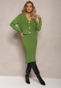 Renee - Zielony 2-częściowy Komplet Dzianinowy z Sukienką i Kardiganem Finariel. Kolor: zielony. Materiał: dzianina #1