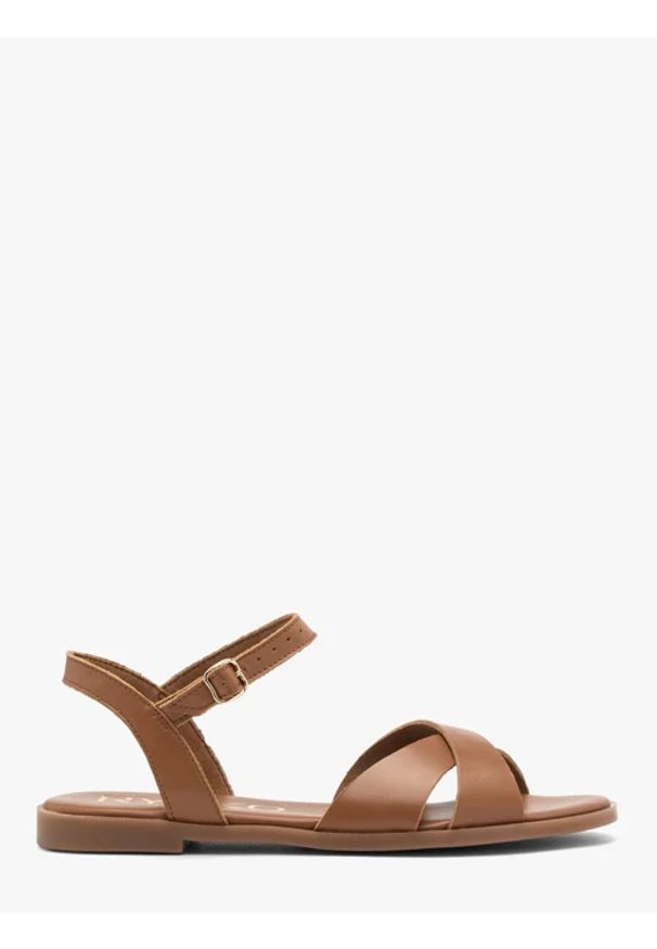 Ryłko - Jasnobrązowe sandały damskie płaskie. Okazja: na co dzień. Zapięcie: pasek. Kolor: brązowy. Materiał: skóra. Wzór: paski. Styl: casual, elegancki, street
