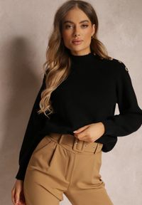 Renee - Czarny Sweter Dzianinowy z Długim Rękawem i Guzikami Kithi. Kolor: czarny. Materiał: dzianina. Długość rękawa: długi rękaw. Długość: długie