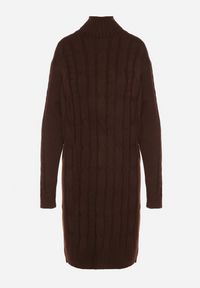 Born2be - Ciemnobrązowa Sweterkowa Sukienka z Golfem Wełną i Bawełną Ozdobiona Splotem Reiania. Okazja: do pracy, na co dzień, na spotkanie biznesowe. Typ kołnierza: golf. Kolor: brązowy. Materiał: wełna, bawełna. Wzór: aplikacja, ze splotem. Typ sukienki: proste. Styl: casual, biznesowy #4