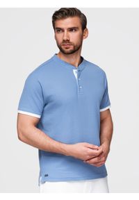 Ombre Clothing - Koszulka męska polo bez kołnierzyka - niebieska V3 - Rozmiar: M. Typ kołnierza: bez kołnierzyka, polo. Kolor: niebieski. Materiał: bawełna. Długość: długie