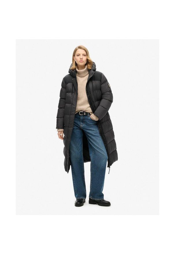 Superdry - Długa pikowana kurtka z ripstopu. Kolor: czarny. Długość rękawa: długi rękaw. Długość: długie. Styl: elegancki