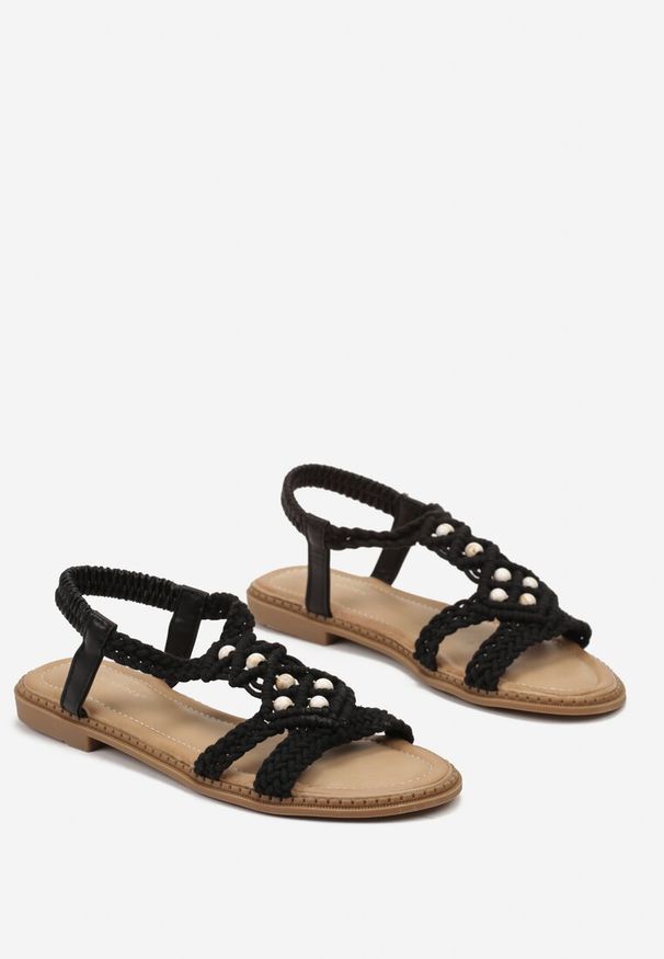 Renee - Czarne Sandały z Ekoskóry z Plecioną Cholewką i Koralikami Annevaria. Kolor: czarny. Sezon: lato