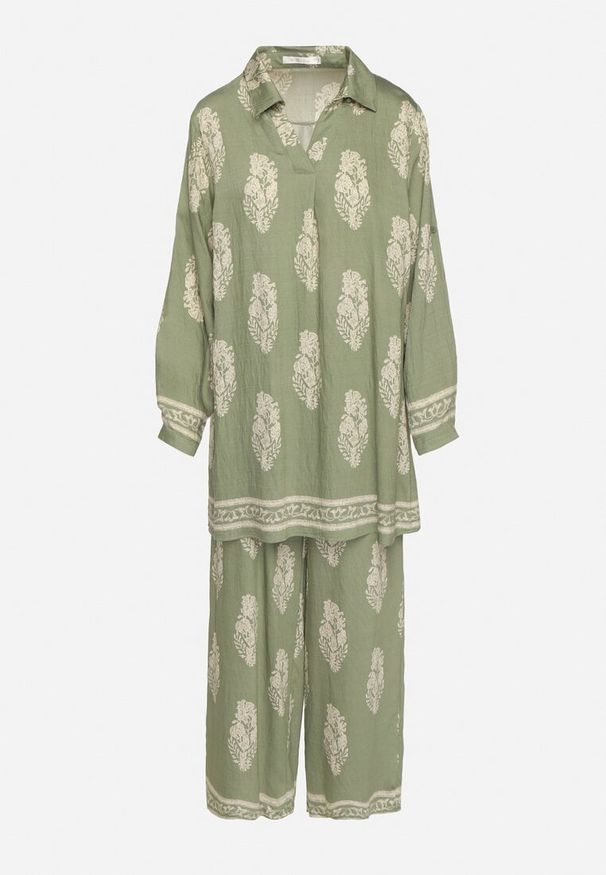 Born2be - Zielony Komplet w Stylu Boho Oversize Długa Koszula i Luźne Spodnie Meppina. Kolor: zielony. Materiał: skóra