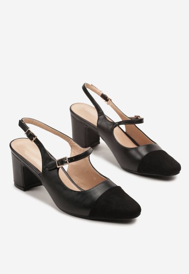 Renee - Czarne Sandały na Słupku Slingback Ozdobione Paskiem Divolia. Zapięcie: pasek. Kolor: czarny. Wzór: aplikacja. Obcas: na słupku. Styl: klasyczny, elegancki