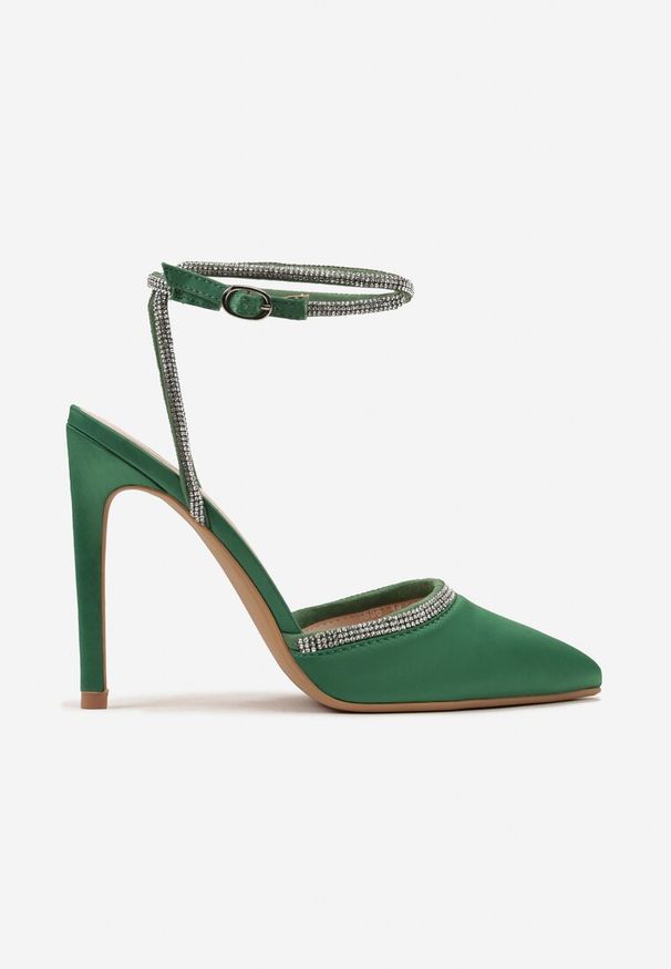 Born2be - Zielone Sandały na Szpilce Ozdobione Drobnymi Cyrkoniami Nolsara. Kolor: zielony. Wzór: aplikacja. Obcas: na szpilce