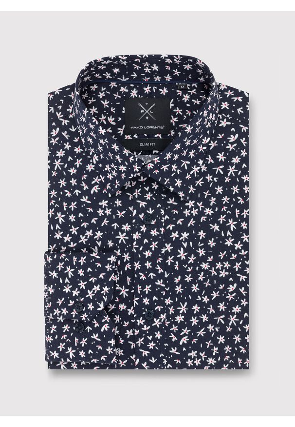 Pako Lorente - PAKO LORENTE – Granatowa koszula męska w kwiatki P23WF-1X-005-G-S. Okazja: na co dzień. Kolor: niebieski. Materiał: jeans, bawełna, elastan. Wzór: kwiaty. Styl: casual